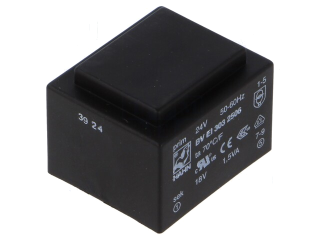 Transformator: ingegoten; 1,5VA; 24VAC; 18V; 83mA; PCB; BVEI Transformator: ingegoten; 1,5VA; 24VAC; 18V; 83mA; PCB; BVEI
